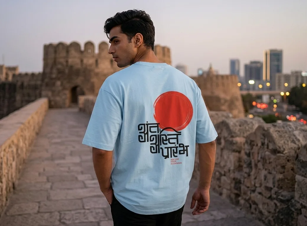 Antah Asti Prarambh Sanskrit Calligraphy Tee | Japanese Rising Sun Streetwear | Swag Layer