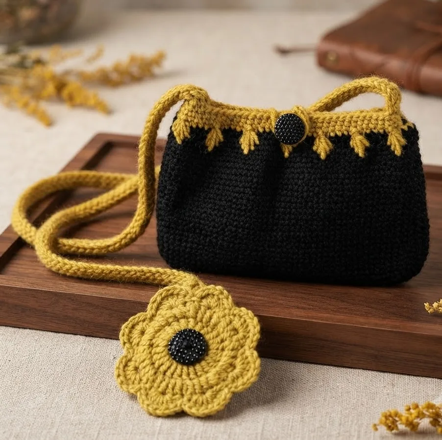 Handmade Sunflower Crochet Sling Bag with Matching Coin Purse | Artisan Boho Handbag