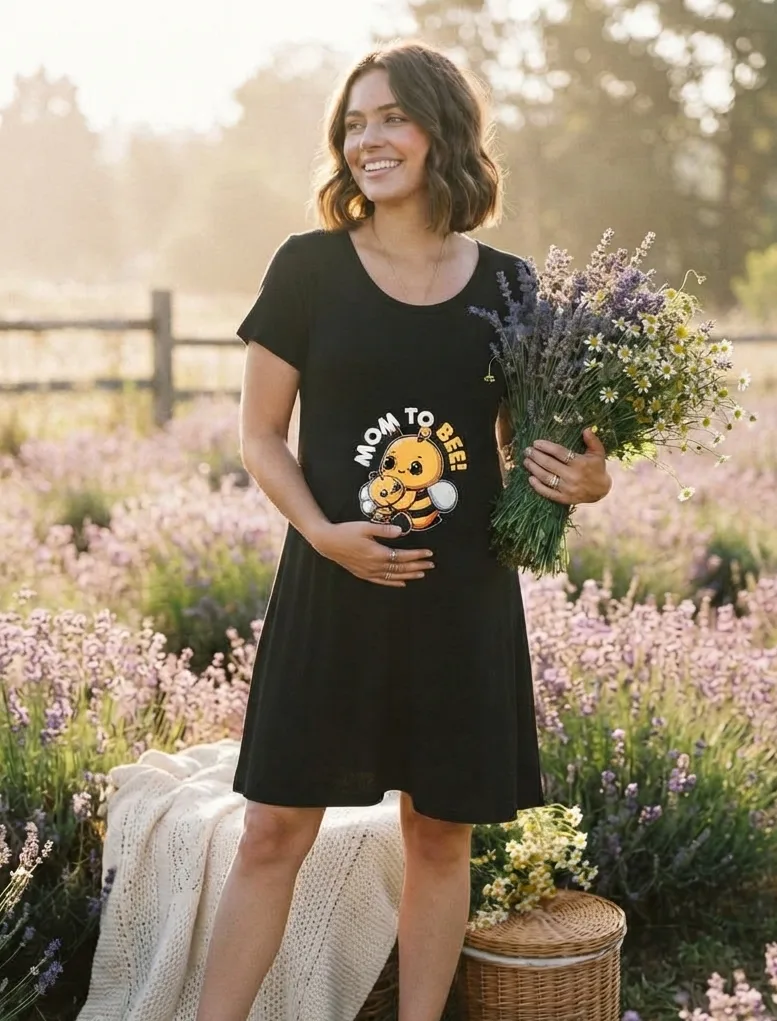 The "Mom To Bee" Black Maternity Swing Dress