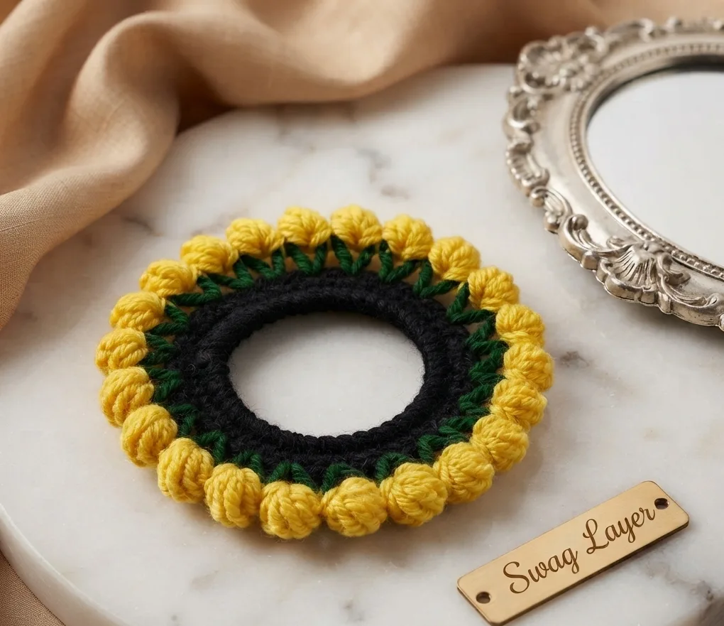 Handcrafted Crochet Black & Yellow Floral Hair Scrunchie - Artisan Statement Hair Accessory by Swag Layer
